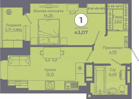 1-к кв. Ростовская область, Ростов-на-Дону ул. Еременко, 115 (42.95 м)