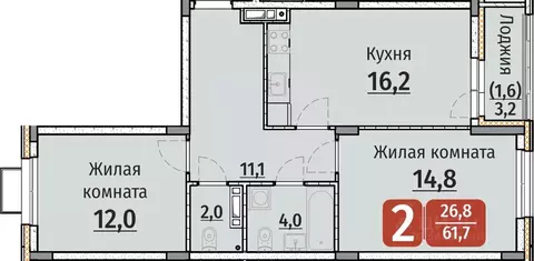 2-к кв. Чувашия, Чебоксары ул. Энергетиков (61.7 м)