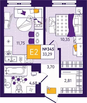 1-к кв. Тульская область, Тула ул. Пряничная, 3 (33.29 м)