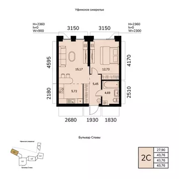 2-к кв. Башкортостан, Уфа ул. Чудинова (43.76 м)