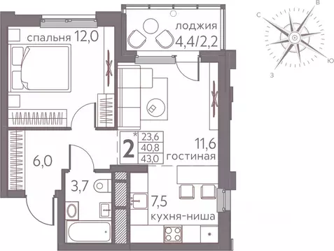 Студия Пермский край, Пермь ул. Серебристая, 3 (43.0 м)