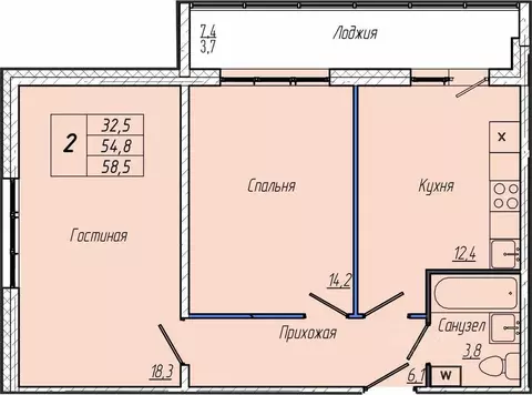 2-к кв. Кемеровская область, Кемерово просп. Притомский, 30Б (58.5 м)