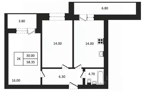 2-к кв. Новосибирская область, Новосибирск  (58.35 м)