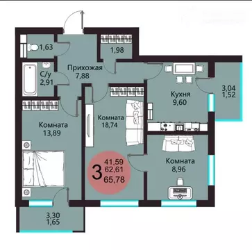 3-комнатная квартира: Воронеж, Острогожская улица, 156/2 (65.78 м)
