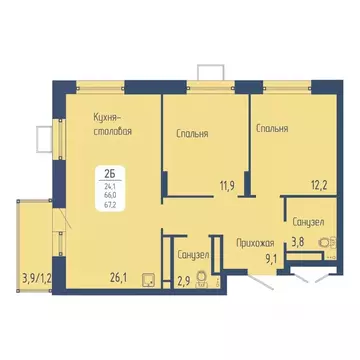 2-к кв. Красноярский край, Красноярск Свободный просп. (67.2 м)