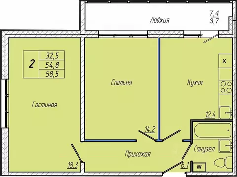 2-к кв. Кемеровская область, Кемерово просп. Притомский, 30А (58.5 м)