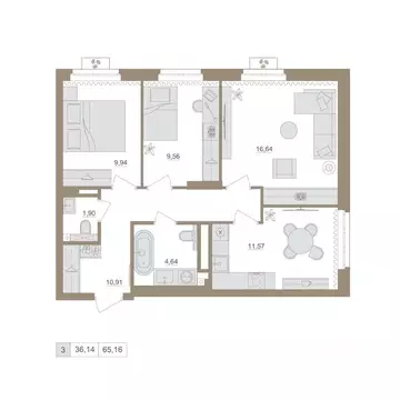 3-к кв. Башкортостан, Уфа бул. Яркий (65.16 м)