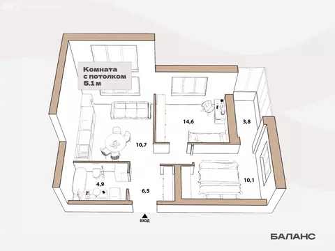 2-комнатная квартира: Тюмень, улица Республики, 204к18 (48.75 м)