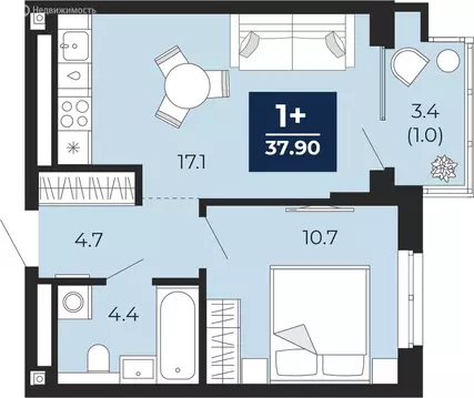 1-комнатная квартира: Тюмень, проезд Капитана Куликова, 5 (40.3 м)