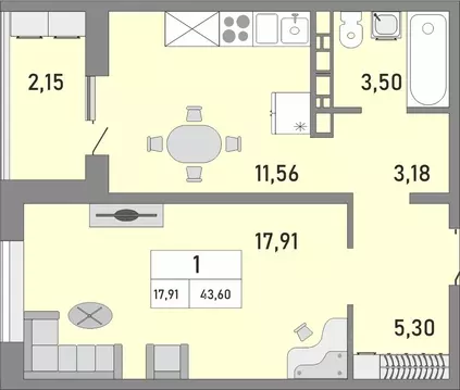 1-к кв. Оренбургская область, Оренбург ул. Юркина, 4/1 (43.6 м)