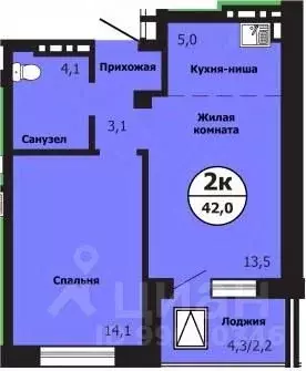 2-к кв. Красноярский край, Красноярск ул. Лесников, 51Б (42.0 м)