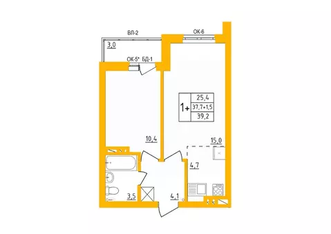 1-к кв. Башкортостан, Уфа Инорс-4Б мкр, Акварель жилой комплекс (38.9 ...