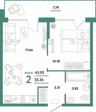 2-к кв. Свердловская область, Екатеринбург ул. Шефская, 22А (43.05 м)