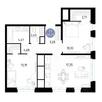 2-к кв. Рязанская область, Рязань ул. Ленинского Комсомола (58.29 м)