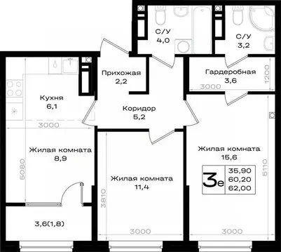 3-к кв. Ростовская область, Аксай 3-я линия, 1 (62.0 м)