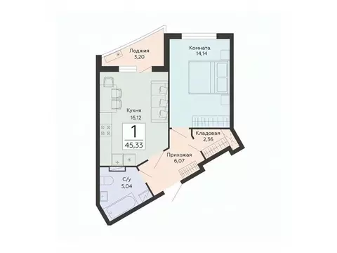 1-к кв. Воронежская область, Воронеж ул. Туполева, 5Н (45.33 м)