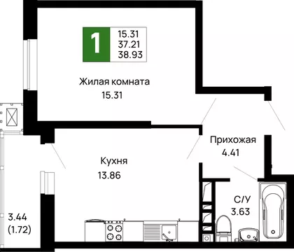 1-к кв. Адыгея, Майкоп 9 Мая ул., 14А (38.93 м)