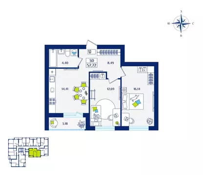 2-к кв. Калининградская область, Зеленоградск  (57.72 м)