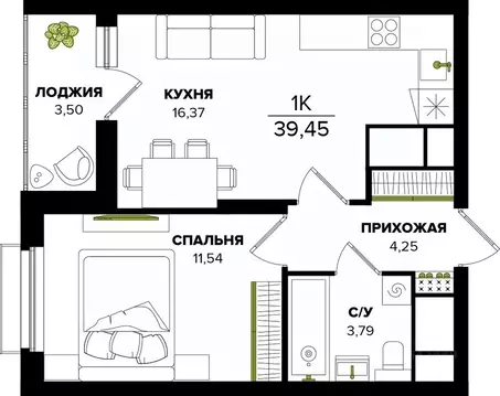 1-к кв. Тульская область, Тула  (39.45 м)