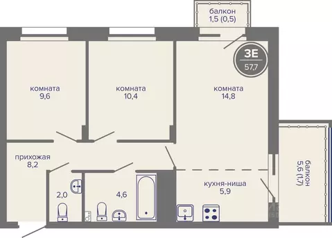 3-к кв. Пермский край, Пермь ш. Космонавтов, 309Ак1 (57.7 м)