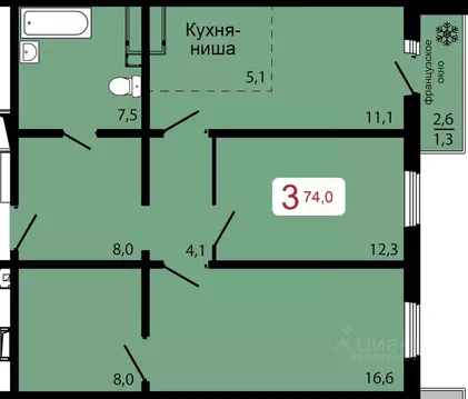 3-к кв. Красноярский край, Красноярск ул. Калинина (74.0 м)