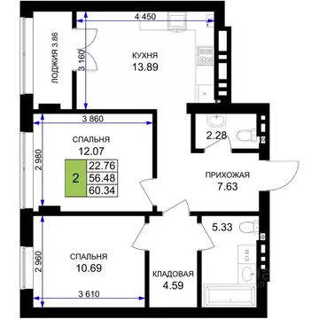 2-к кв. Калининградская область, Гурьевск Включи жилой комплекс (60.34 ...