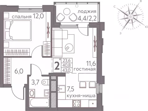Студия Пермский край, Пермь ул. Серебристая, 3 (43.0 м)