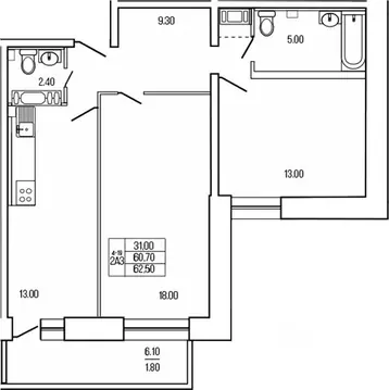 2-к кв. Ленинградская область, Всеволожский район, Кузьмоловский пгт ...