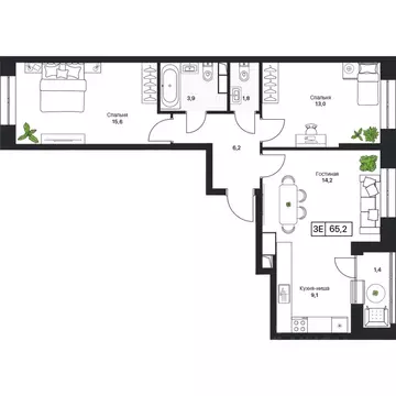 2-к кв. Московская область, Пушкино Пушкино Град жилой комплекс (65.1 ...