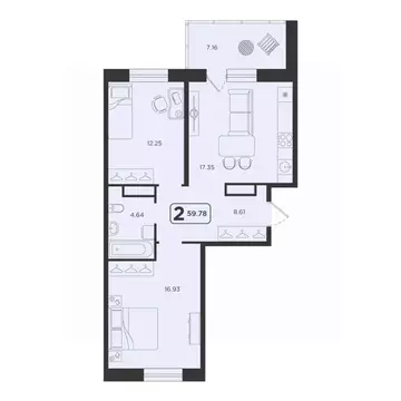 2-к кв. Тюменская область, Тюмень Горизонт жилой комплекс (59.78 м)