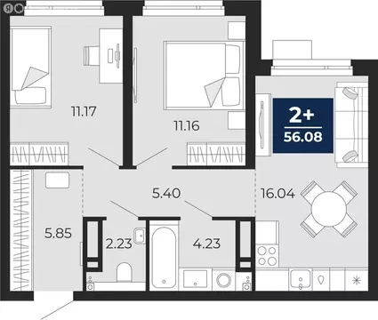 2-комнатная квартира: Тюмень, Арктическая улица, 12 (56.08 м)