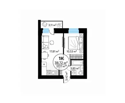 1-к кв. Самарская область, Самара пос. Мехзавод, 1-й кв-л, 50 (38.72 ...