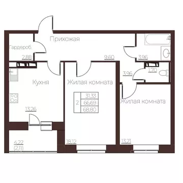 2-к кв. Орловская область, Орел ул. Левый Берег реки Оки, 21к1 (68.8 ...