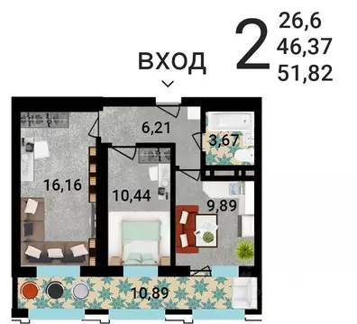 2-к кв. Воронежская область, Воронеж ул. Летчика Демьянова, 1 (52.19 ...