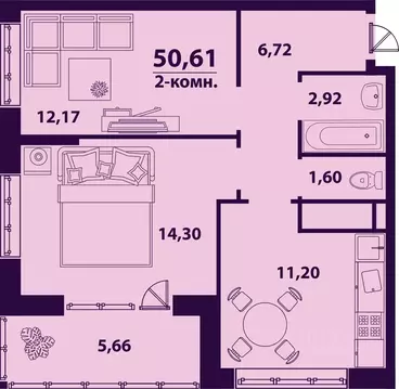 2-к кв. Ульяновская область, Ульяновск ул. Врача Михайлова (50.61 м)