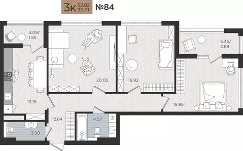 3-к кв. Калининградская область, Калининград Мой Город жилой комплекс ...