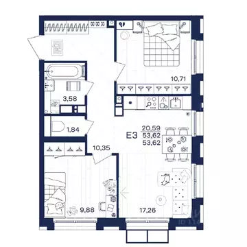 2-к кв. Тульская область, Тула Гармония жилой комплекс (53.62 м)