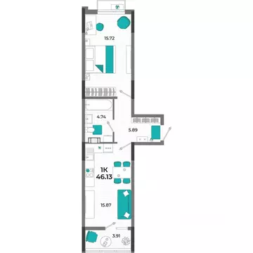 1-к кв. Крым, Евпатория  (46.13 м)