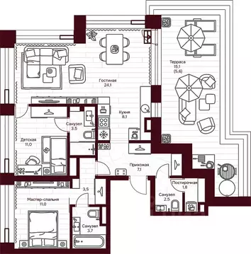 2-к кв. Москва Дом 7 Даниловский жилой комплекс (84.4 м)