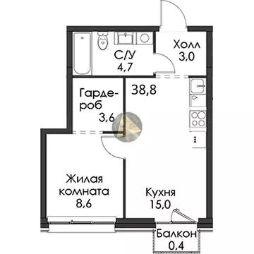 1-комнатная квартира: Санкт-Петербург, Галерный проезд, 1к2 (38.8 м)