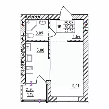 1-к кв. Калининградская область, Зеленоградск  (27.82 м)