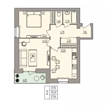 2-к кв. Волгоградская область, Волгоград ул. Землячки, 84/7 (57.06 м)