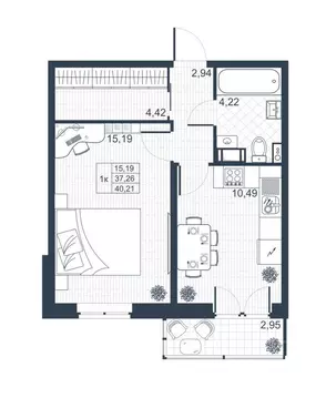 Квартира, 1 комната, 37 м