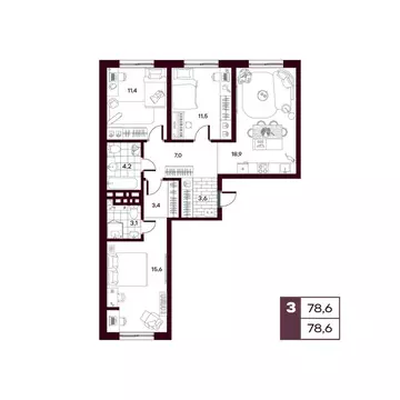 3-комнатная квартира: Дударева, ЖК Макс (77.86 м)