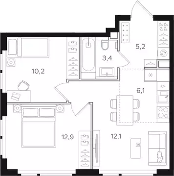 2-комнатная квартира: Москва, Открытое шоссе, вл9 (49.9 м)