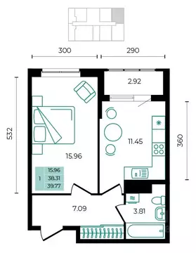 1-к кв. Адыгея, Майкопский район, пос. Тульский  (39.77 м)