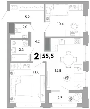 2-к кв. Владимирская область, Владимир Уно жилой комплекс (55.54 м)