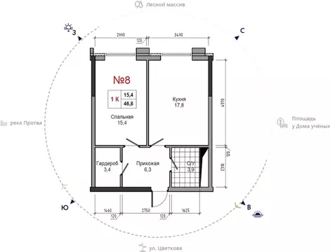 1-к кв. Калужская область, Обнинск ул. Усачева (46.8 м)