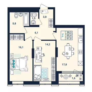 2-к кв. Башкортостан, Уфа ул. Пархоменко, 156Г (67.1 м)