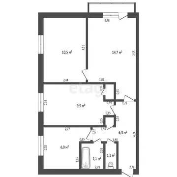 3-комнатная квартира: Чебаркуль, улица Мира, 36А (51.6 м)